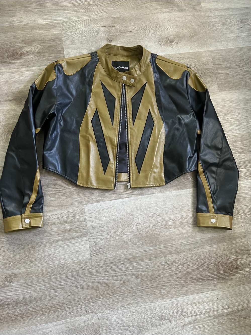 Fashion Nova Black and Olive Cropped Faux Leather Jacket